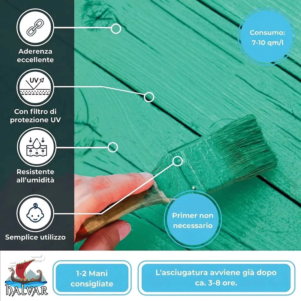 Pittura verde per legno con ottima aderenza, filtro UV, resistente all'umidità e facile applicazione.