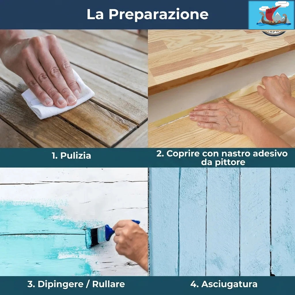 Guida alla verniciatura legno: pulizia, mascheratura con nastro, applicazione colore, asciugatura.