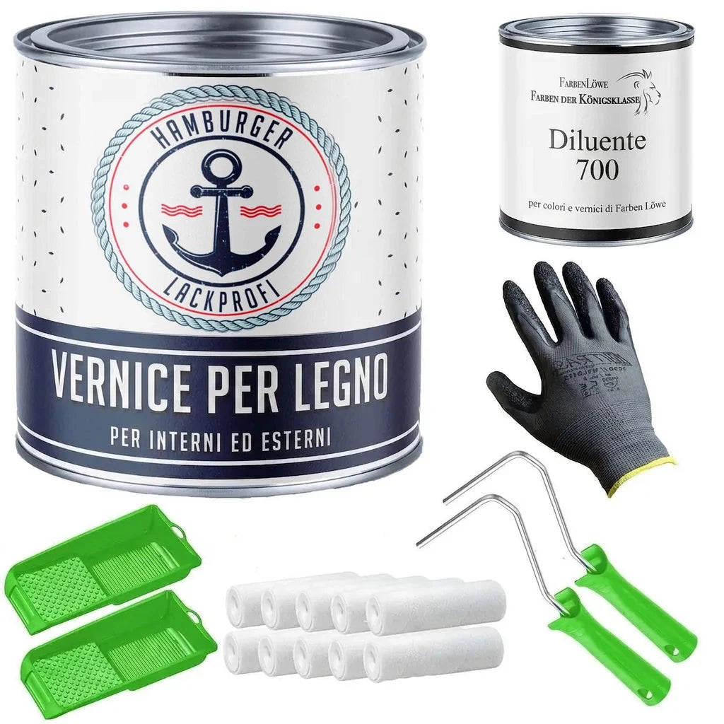 Set completo per pittura legno con vernice, diluente, rulli, guanti e vaschette per pittura.