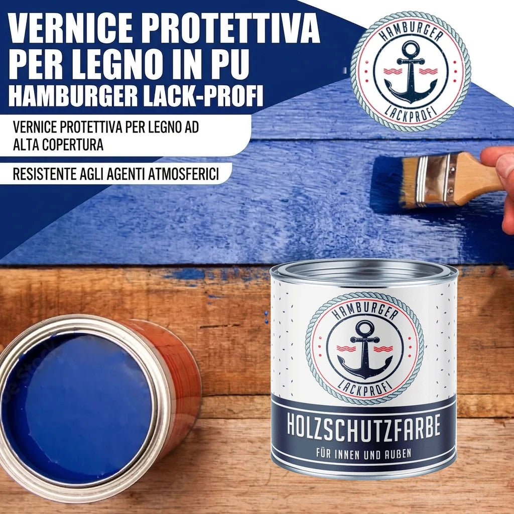 Vernice protettiva per legno "Hamburger Lack-Profi" blu, con pennello e barattoli "Holzschutzfarbe".
