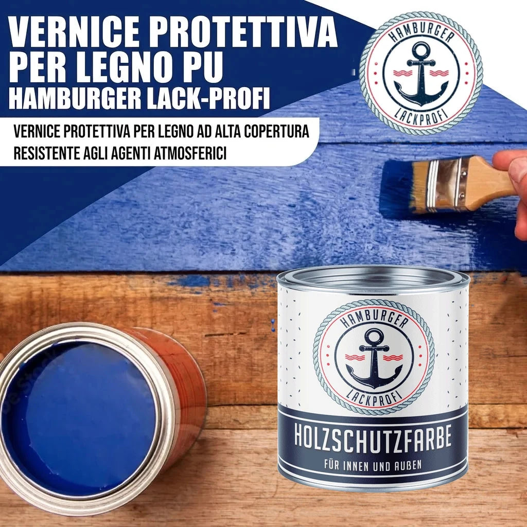 Vernice protettiva per legno blu "Hamburger Lackprofi Holzschutzfarbe" su tavole di legno, con pennello.