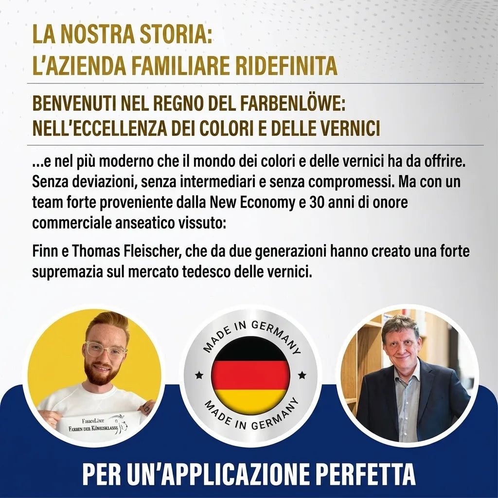 Farbenlöwe: azienda familiare Finn e Thomas Fleischer. Vernici e smalti Made in Germany per un risultato perfetto.