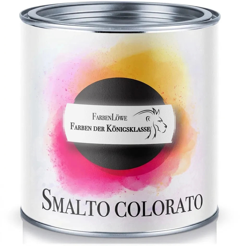 Lattina di vernice FarbenLöwe con etichetta che recita 'Colori di Classe Reale' e 'Buntlack', con schizzi di colore.