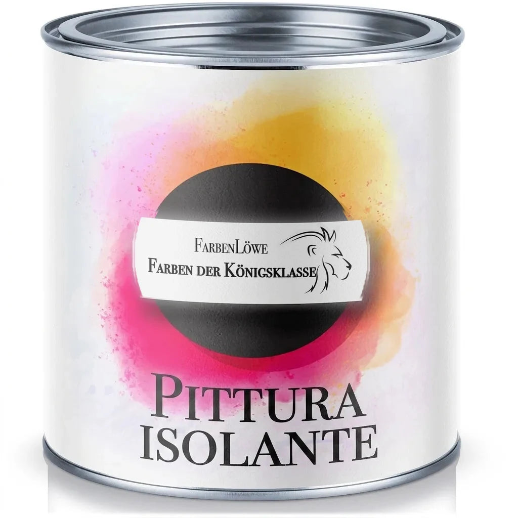Barattolo di vernice isolante FarbenLöwe, colori classe reale, con logo leone nero.
