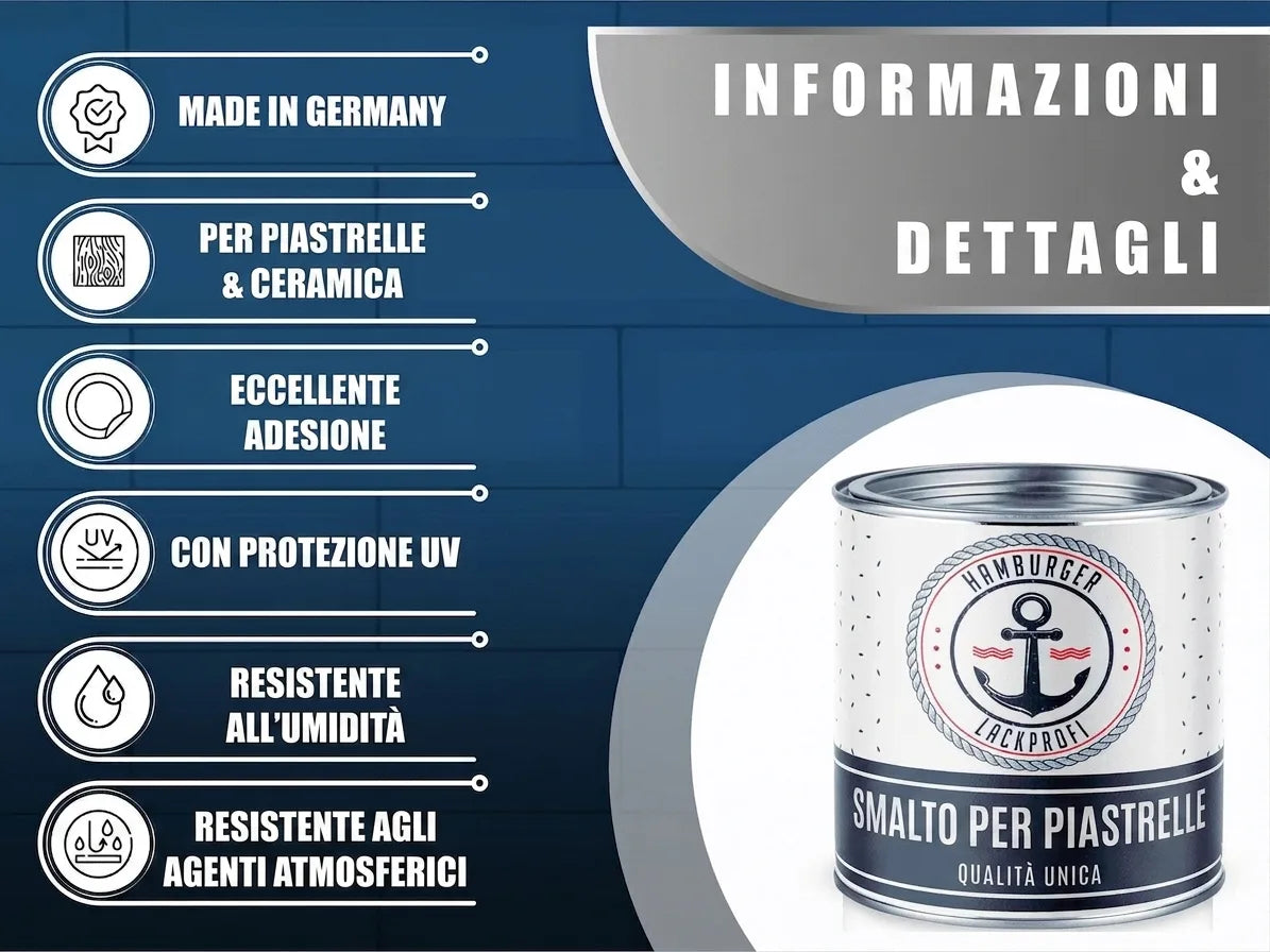 Lattina di vernice per piastrelle 'Hamburger Lackprofi'. Caratteristiche: Made in Germany, alta adesione, protezione UV, resistenza.