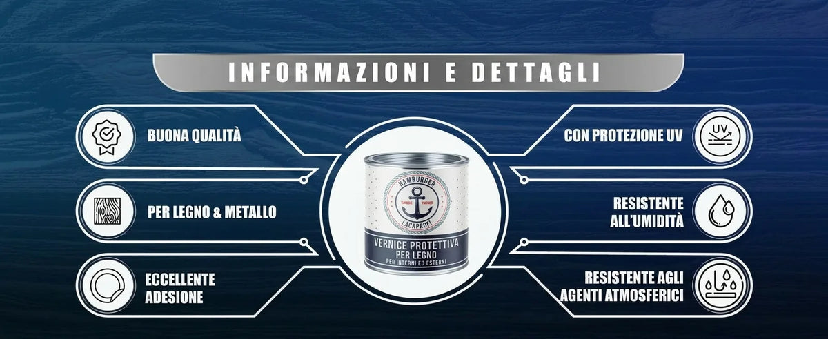 Dettagli vernice protettiva legno Hamburger Lackprofi: qualità, protezione UV, umidità, intemperie, legno/metallo.
