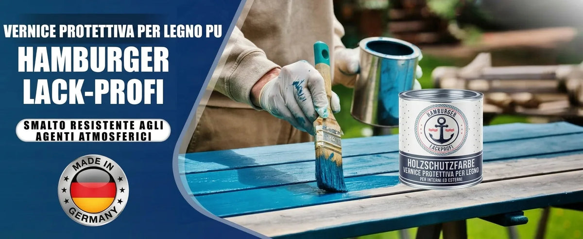 Uomo applica vernice protettiva blu PU Hamburger Lack-Profi su tavolo in legno. Prodotto resistente alle intemperie, Made in Germany.