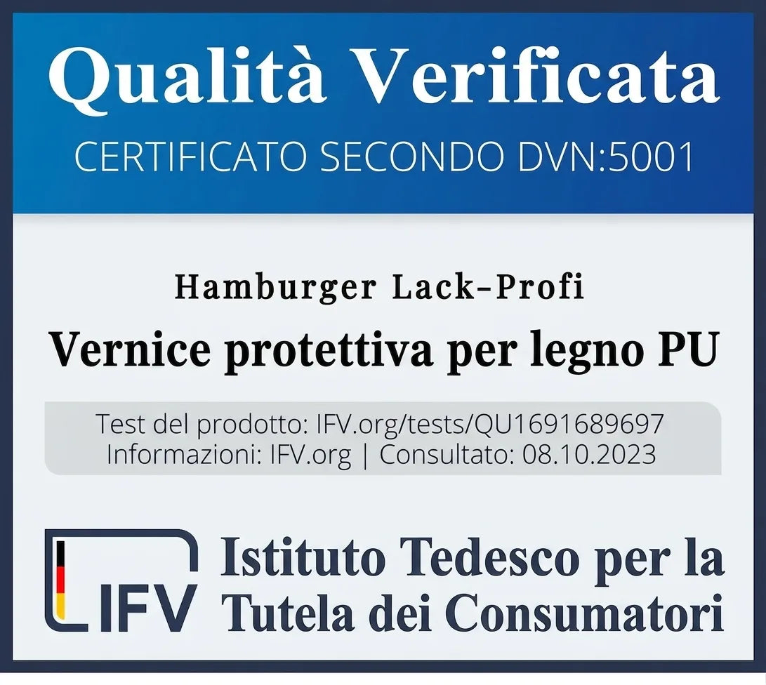 Qualità testata: vernice protettiva PU per legno Hamburger Lack-Profi, certificata DVN:5001.