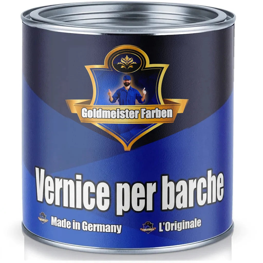 Lattina di vernice blu Goldmeister Farben "Bootslack" (lacca per barche) con logo pittore e "Made in Germany".
