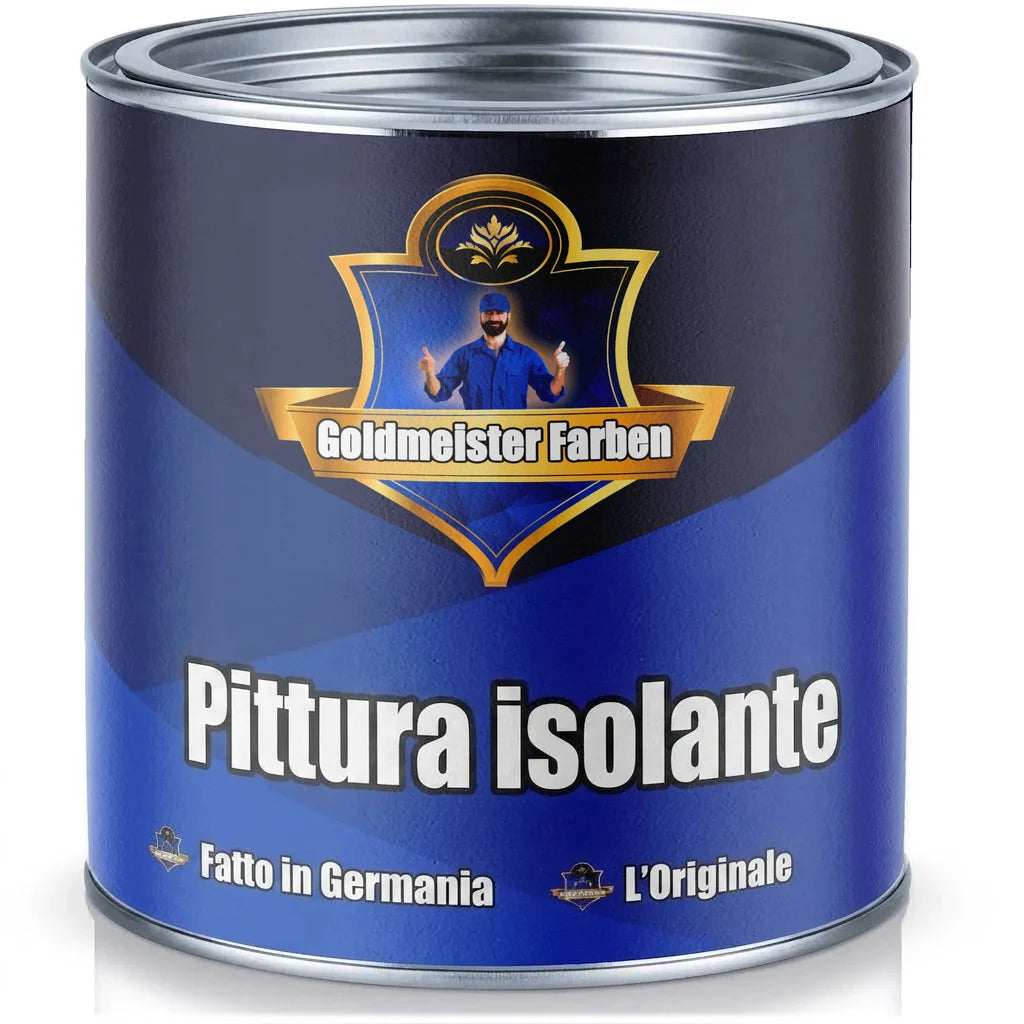 Lattina di vernice blu Goldmeister Farben. Etichetta con 'Isolierfarbe', 'Made in Germany', 'Das Original'.