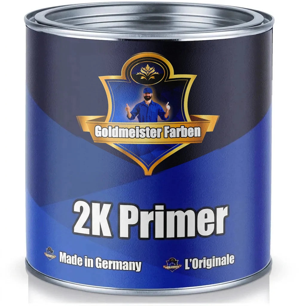 Lattina di vernice blu Goldmeister Farben con etichetta '2K Grundierung', 'Made in Germany' e 'Das Original'.