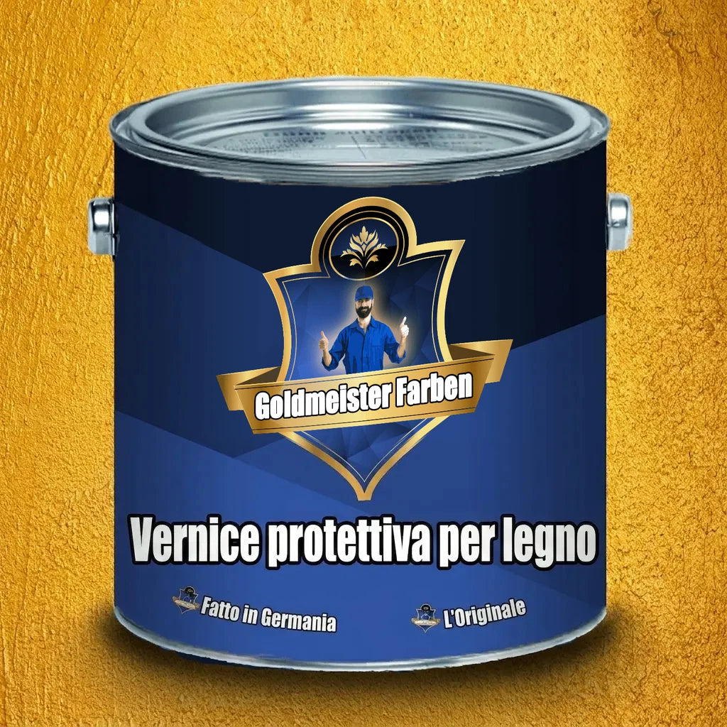 Barattolo di vernice blu Goldmeister Farben per la protezione del legno, etichetta dorata con logo e figura di operaio.