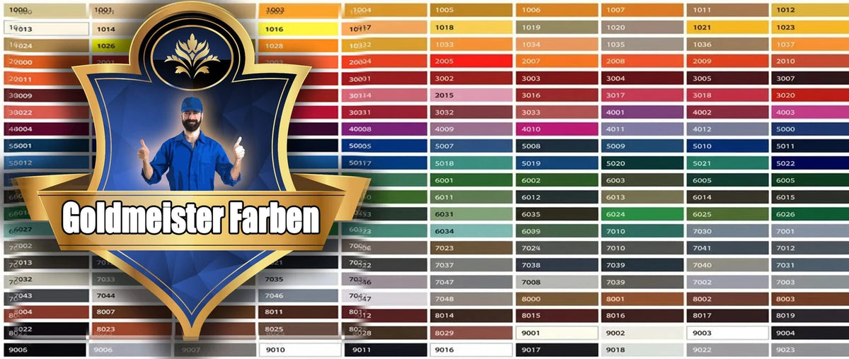Campione di colori RAL Goldmeister Farben con centinaia di tonalità e relativi codici numerici, presentato da un logo.