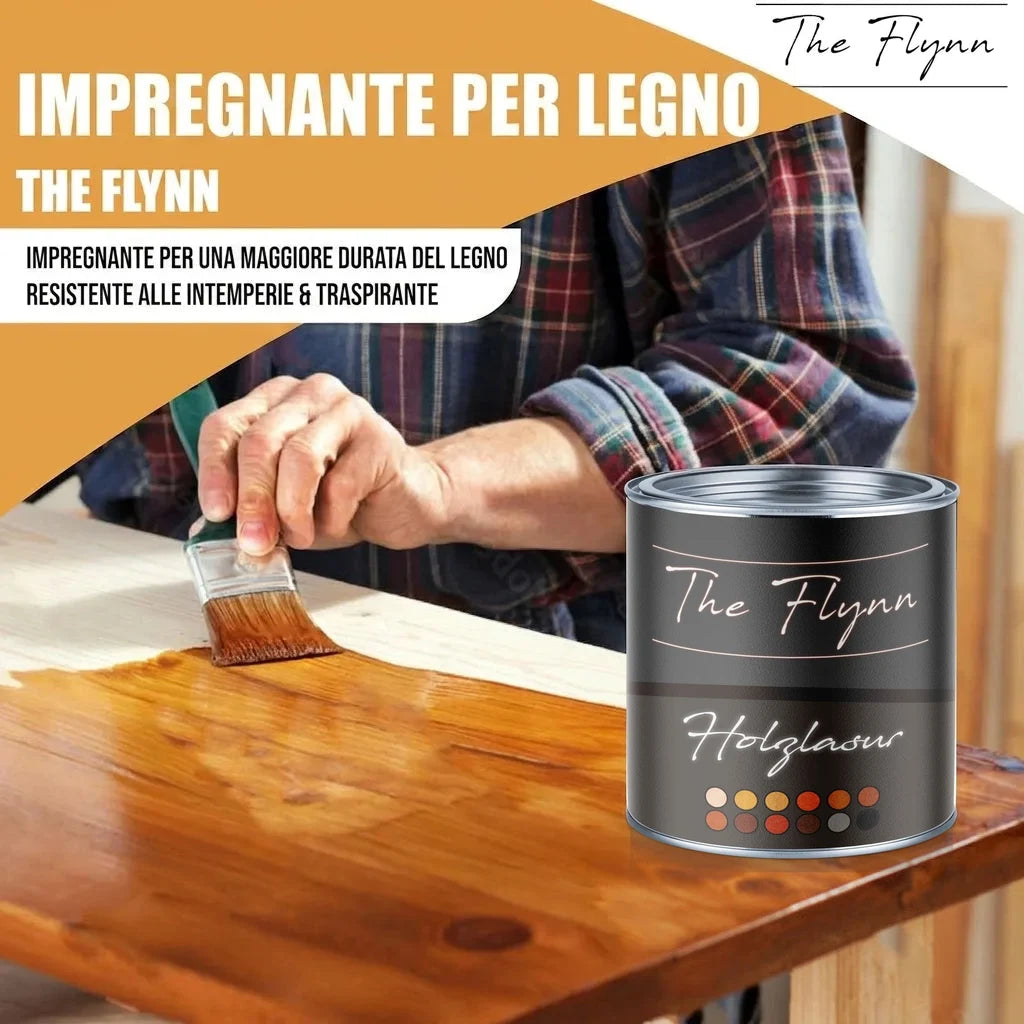 Impregnante per legno The Flynn. Uomo applica "Holzglasur" su tavolo in legno.