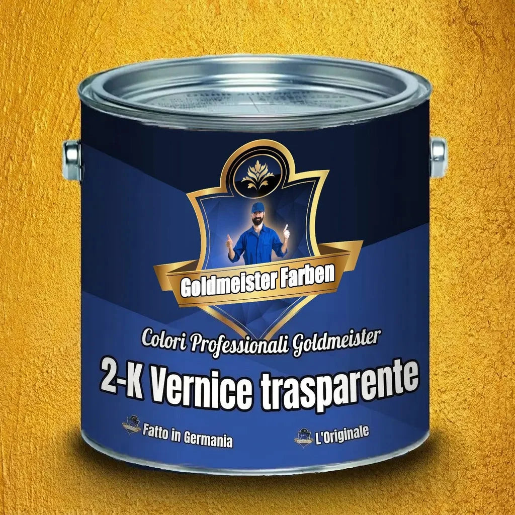 Lattina di vernice trasparente 2-K Goldmeister Farben "Das Original", Made in Germany, su sfondo oro testurizzato.