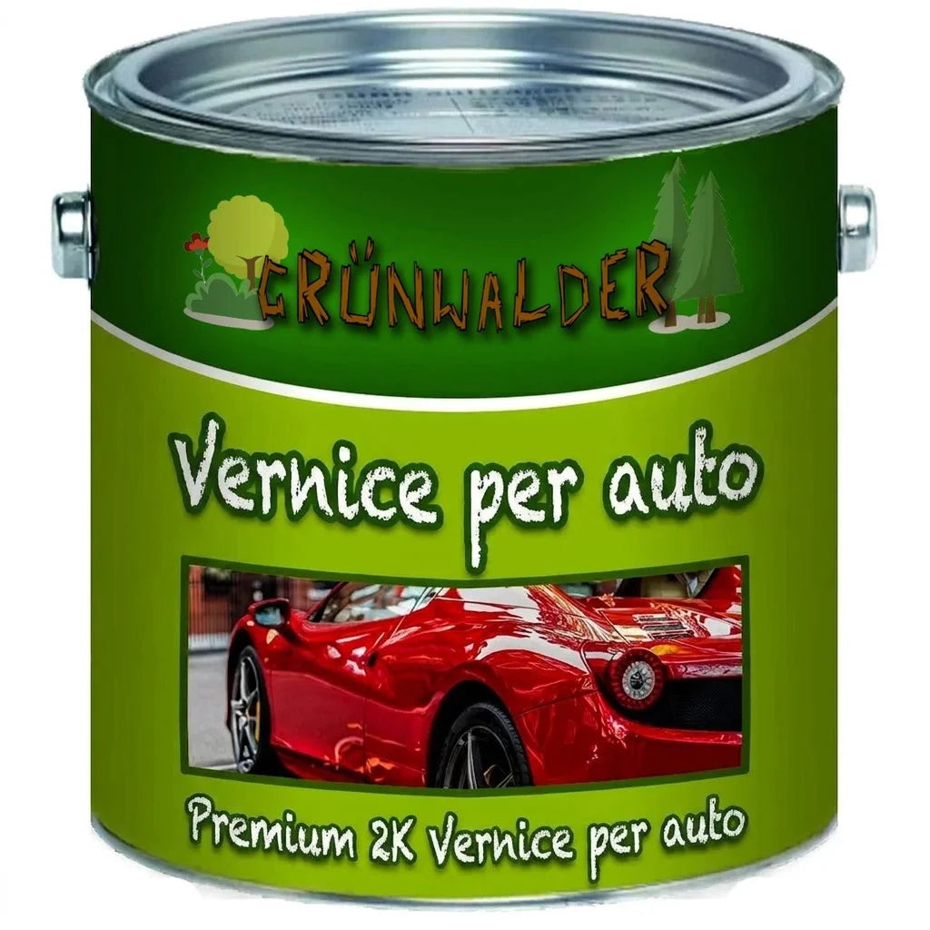 Lattina di vernice rossa premium 2K Grünwalder Autolack con immagine di auto sportiva.