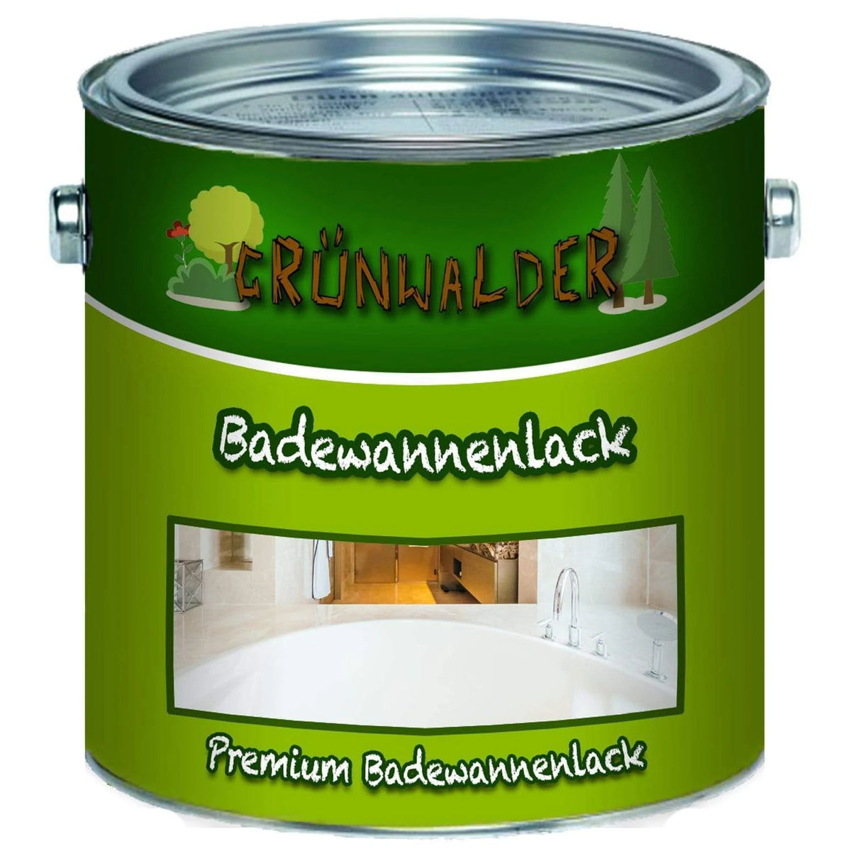 Barattolo di vernice verde Grünwalder per vasche da bagno, etichetta con testo e immagine vasca.