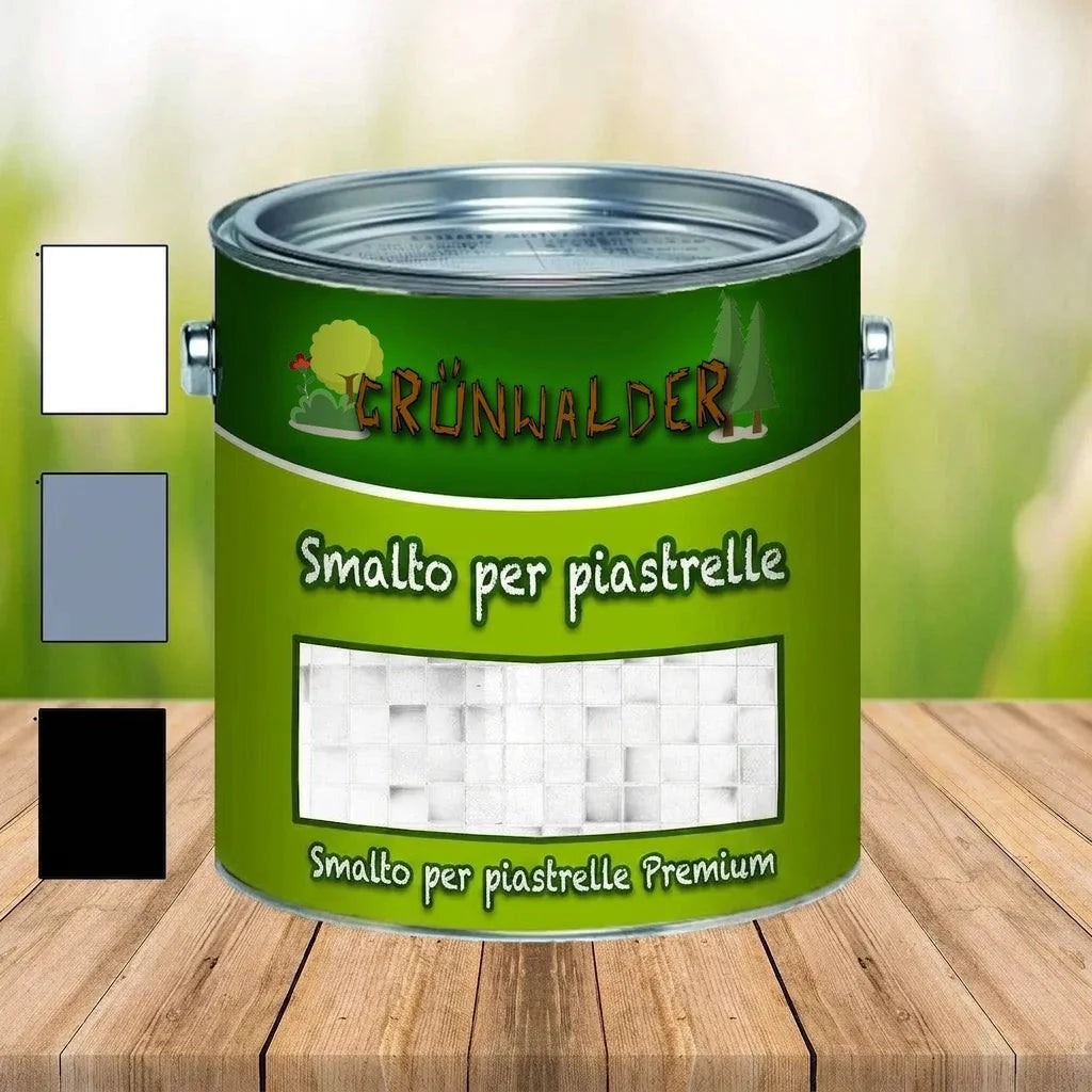 Lattina di smalto per piastrelle GRÜNWALDER Premium Fliesenlack, verde, con campioni colore bianco, grigio, nero.