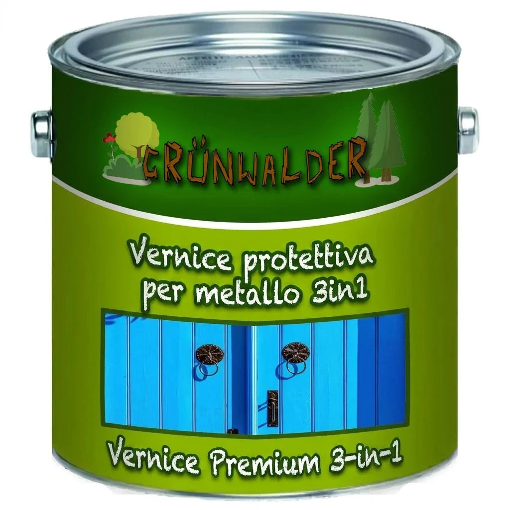 Lattina di vernice protettiva per metallo Grünwalder 3in1, design verde con illustrazione di una porta blu.
