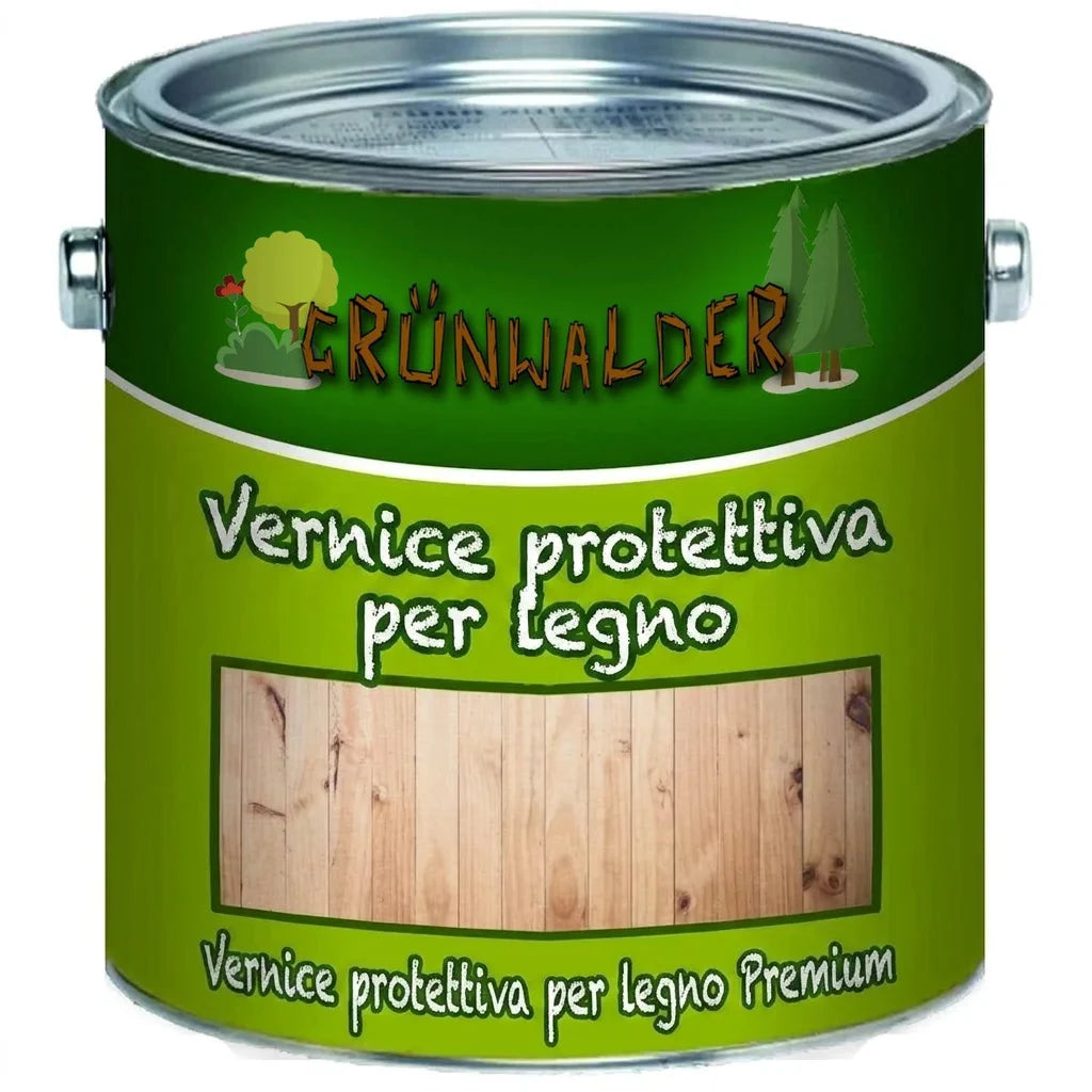 Lattina di vernice protettiva per legno Grünwalder, con finitura effetto legno naturale.