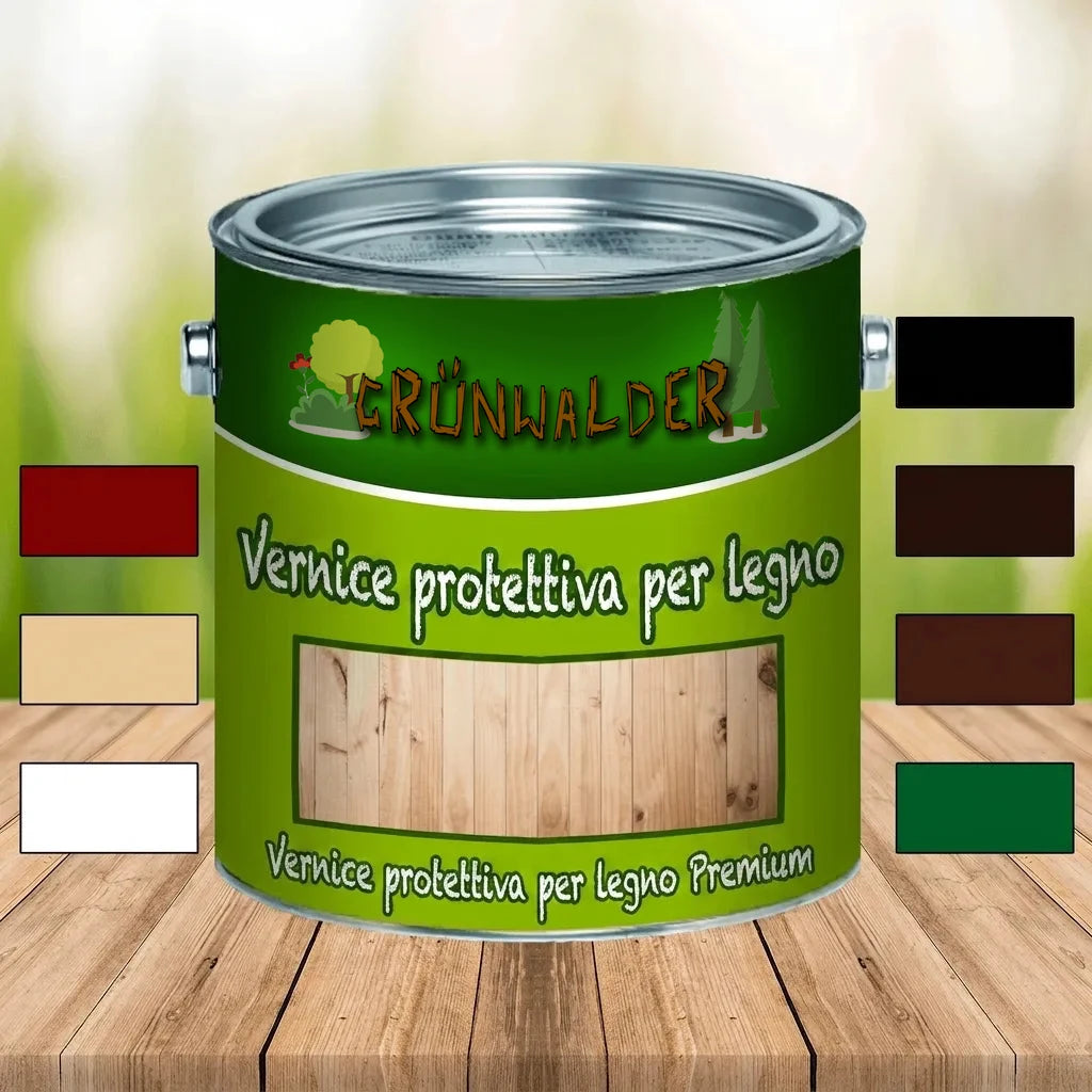Lattina di vernice protettiva per legno Grünwalder Premium con campioni di colore su tavolo di legno.