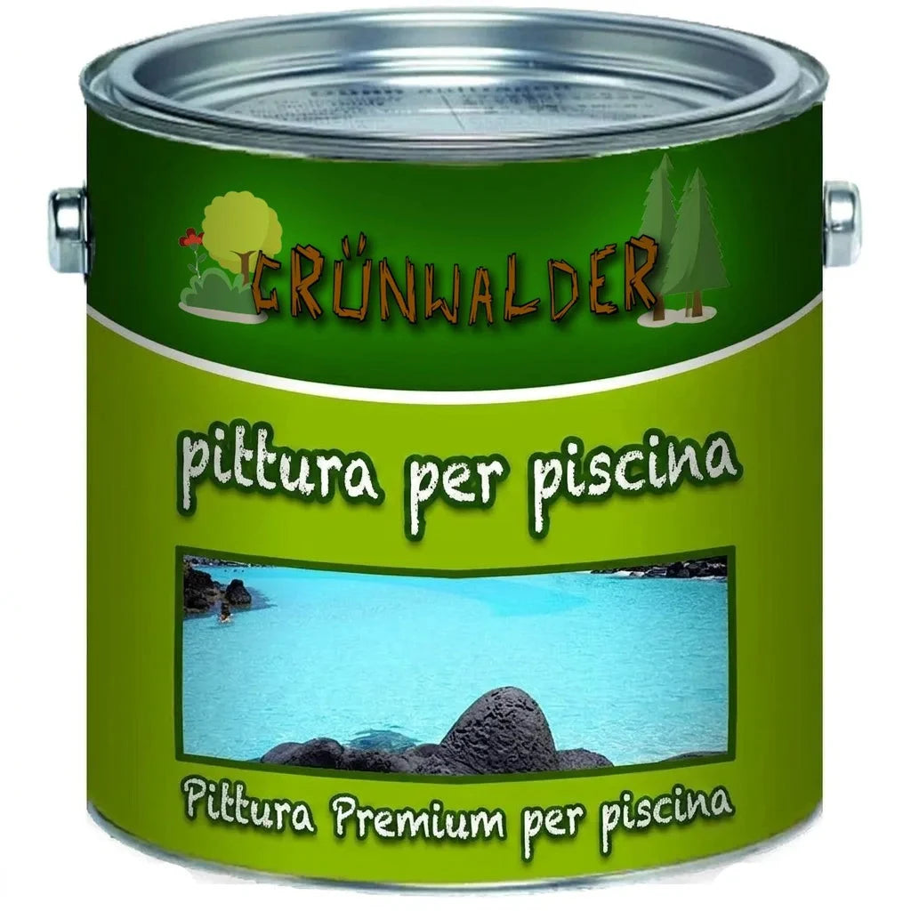 Lattina di vernice premium Grünwalder per piscine, colore verde, con esempio di acqua blu brillante.