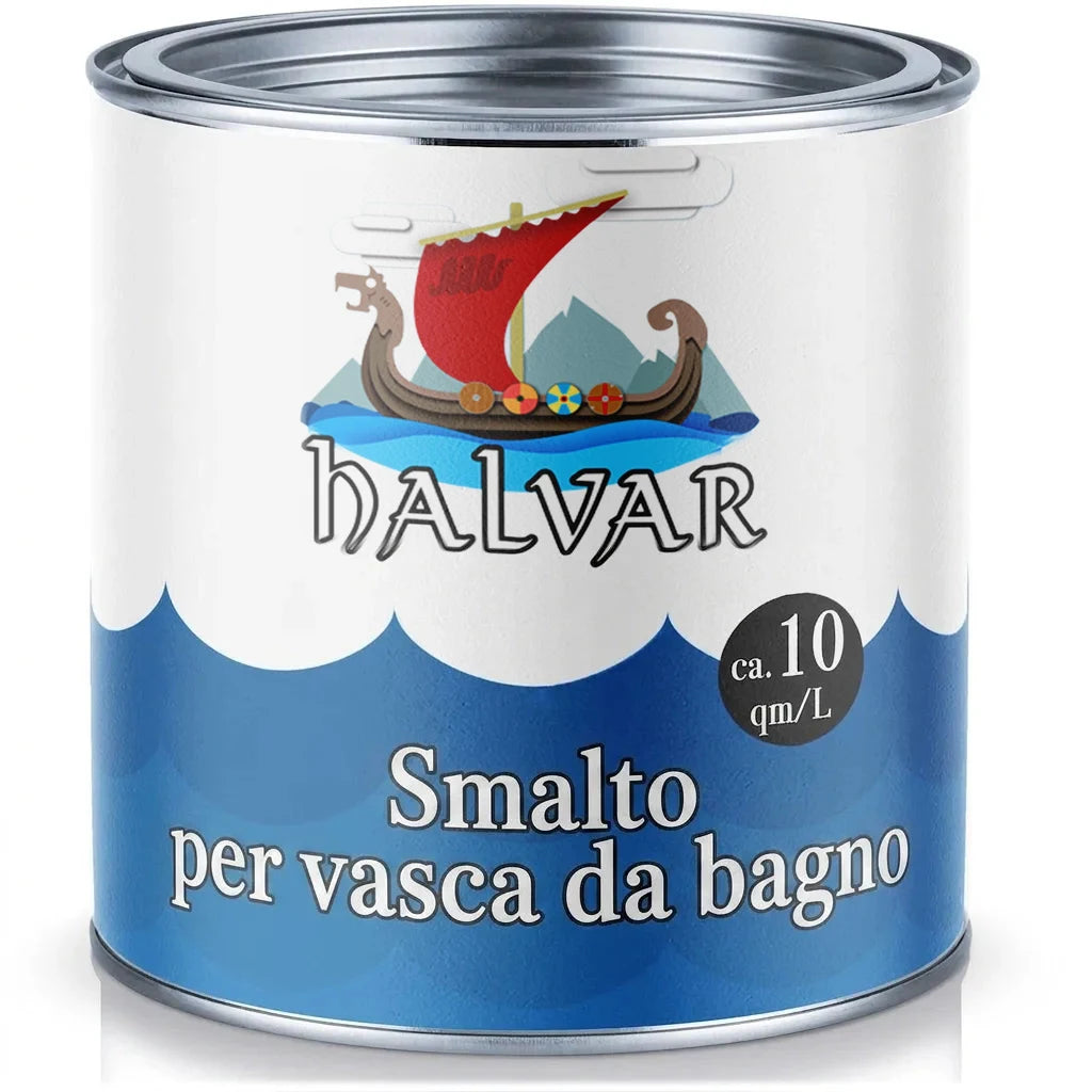 Barattolo di smalto HALVAR per vasca da bagno, copertura 10 mq/L, con logo nave vichinga.