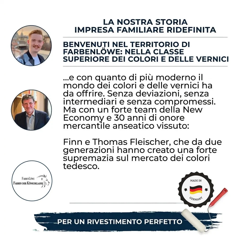 Azienda familiare Farbenlöwe, specializzata in vernici e lacche di alta qualità. Made in Germany, con Finn e Thomas Fleischer.