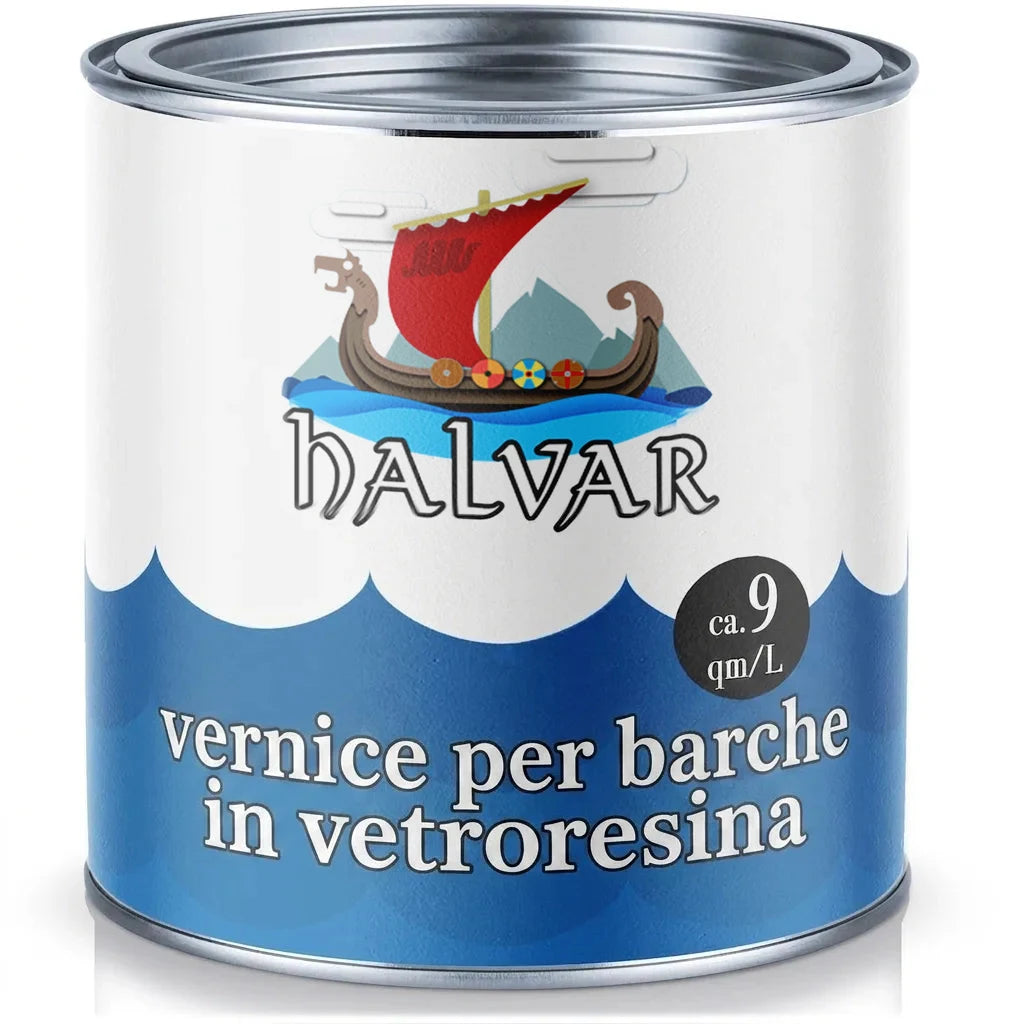 Lattina di vernice per barche Halvar con logo nave vichinga e indicazione di copertura (ca. 9 mq/L).