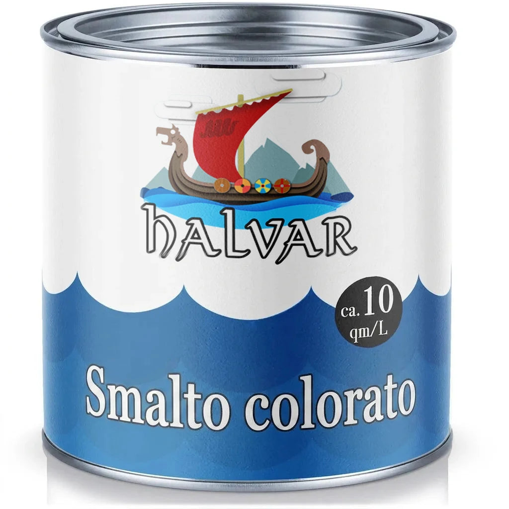 Vernice smalto colorato HALVAR Buntlack in lattina con logo vichingo e resa di circa 10 mq/L.