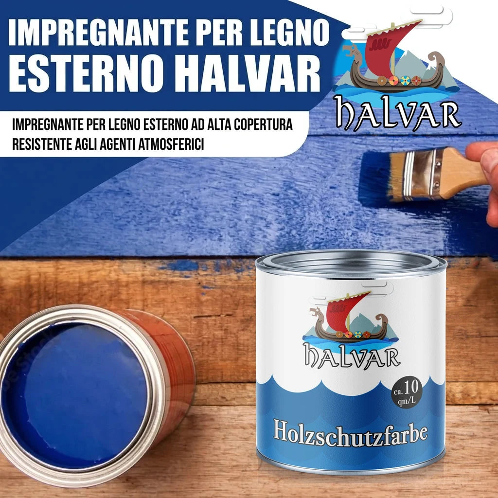 Impregnante per legno esterno Halvar blu. Barattoli di vernice "Holzschutzfarbe" e pennello.