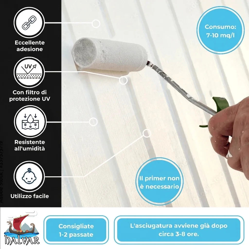 Mano con rullo applica vernice bianca su legno. Pubblicità con benefici: adesione, UV, umidità, facile, senza primer.