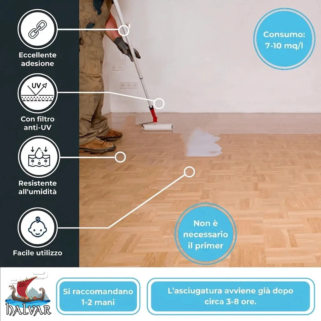 Uomo applica rivestimento per parquet con rullo. Prodotto ad alta aderenza, resistente UV/umidità, facile, senza primer.