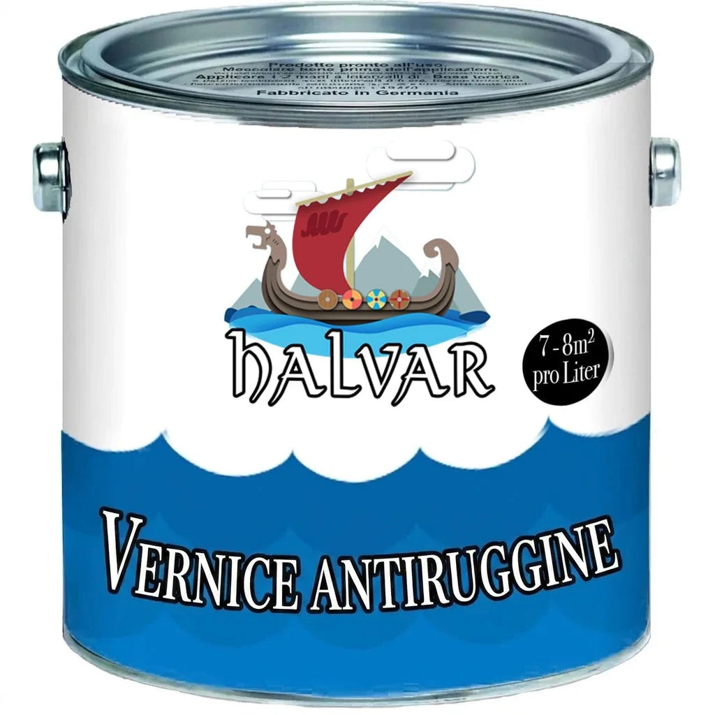 Lattina di vernice antiruggine HALVAR con logo nave vichinga, copre 7-8m² per litro.