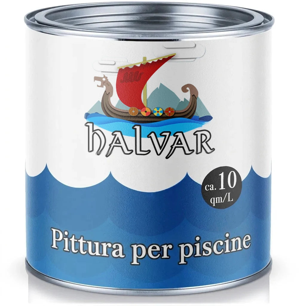 Lattina di vernice per piscina HALVAR con logo nave vichinga, copertura di circa 10 mq/L.