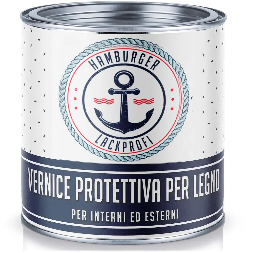 Lattina di vernice protettiva per legno 'Hamburger Lackprofi', per interni ed esterni, con logo ancora.