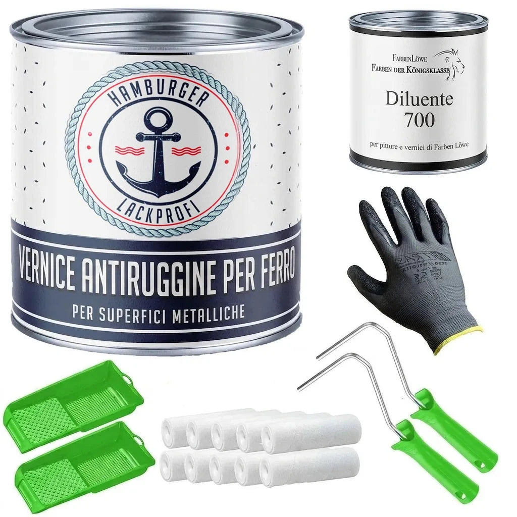 Set completo per pittura: vernice protettiva per metallo, diluente, guanti, rulli e vaschette.