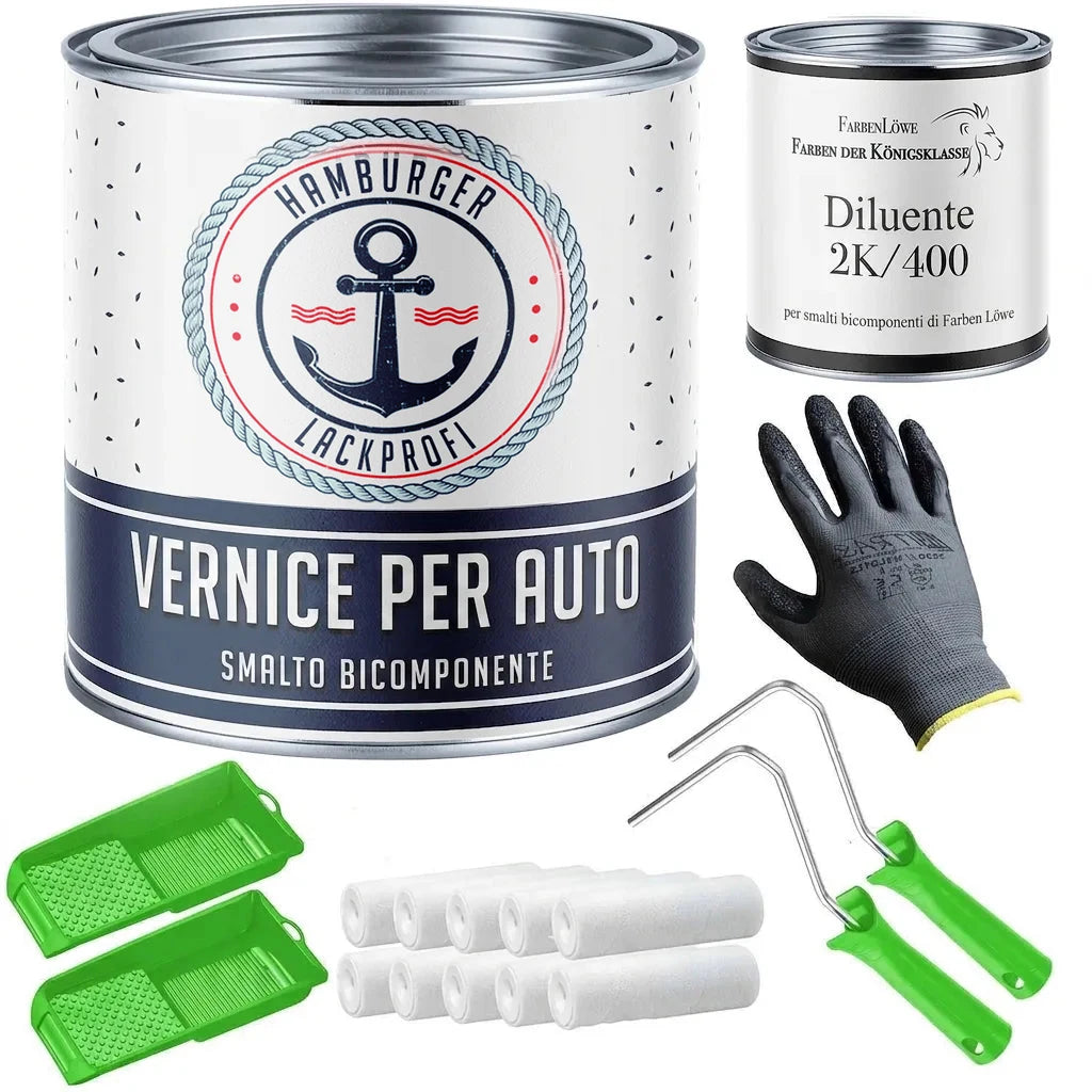Kit vernice auto bicomponente con latta di vernice, diluente, guanti, rulli e vaschette. Hamburger Lackprofi.