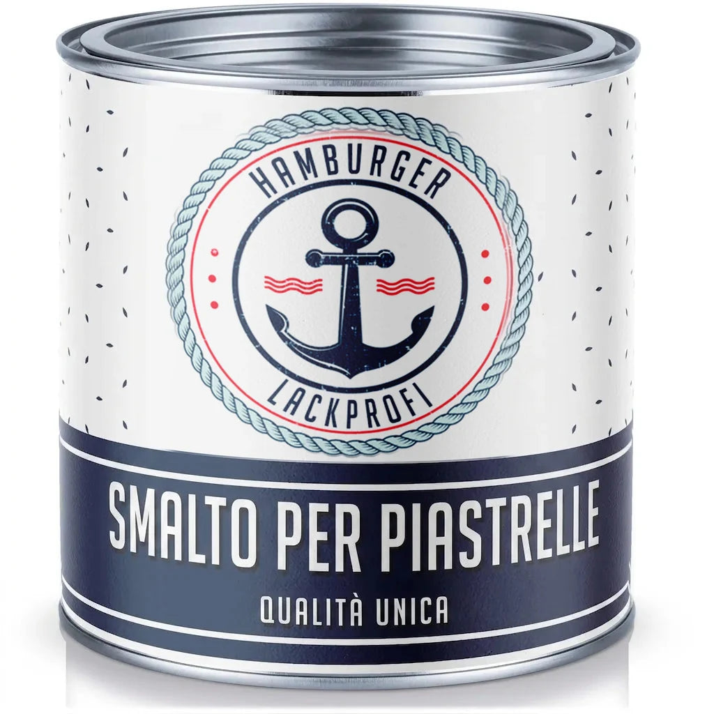 Lattina di vernice per piastrelle 'Hamburger Lackprofi' con ancora e scritta 'Qualità Unica'.