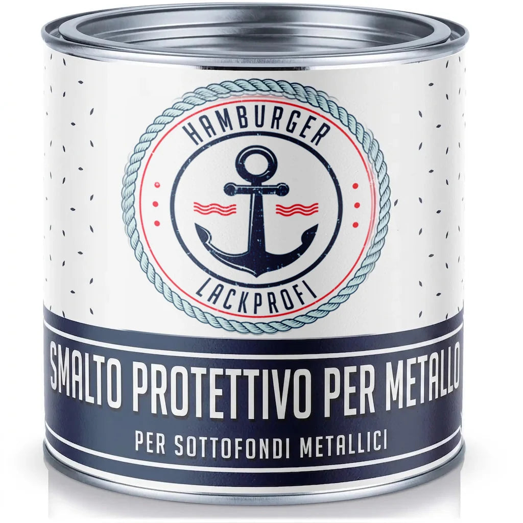 Barattolo di vernice metallica protettiva bianca e blu con design nautico e àncora.