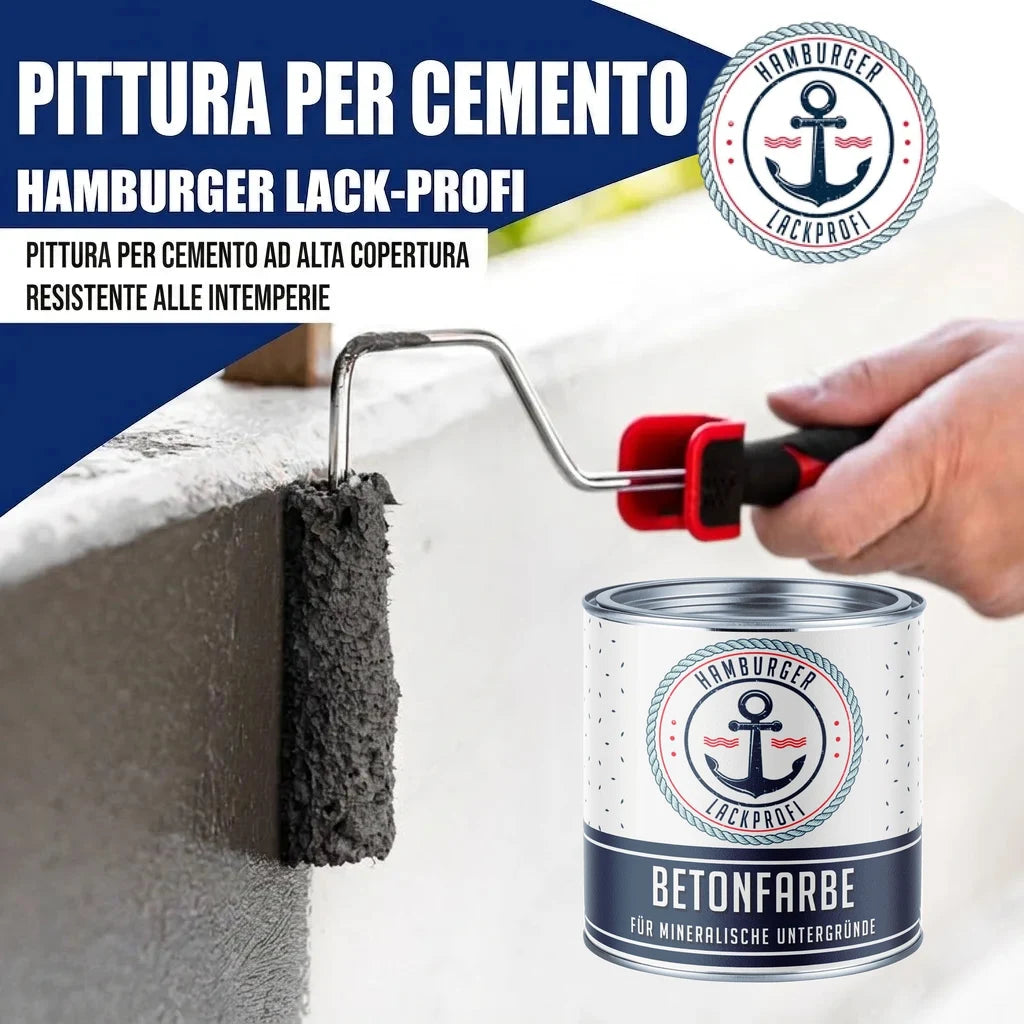 Pittura per cemento "Hamburger Lack-Profi". Un rullo applica vernice grigia su un muro, con un barattolo di "BETONFARBE".