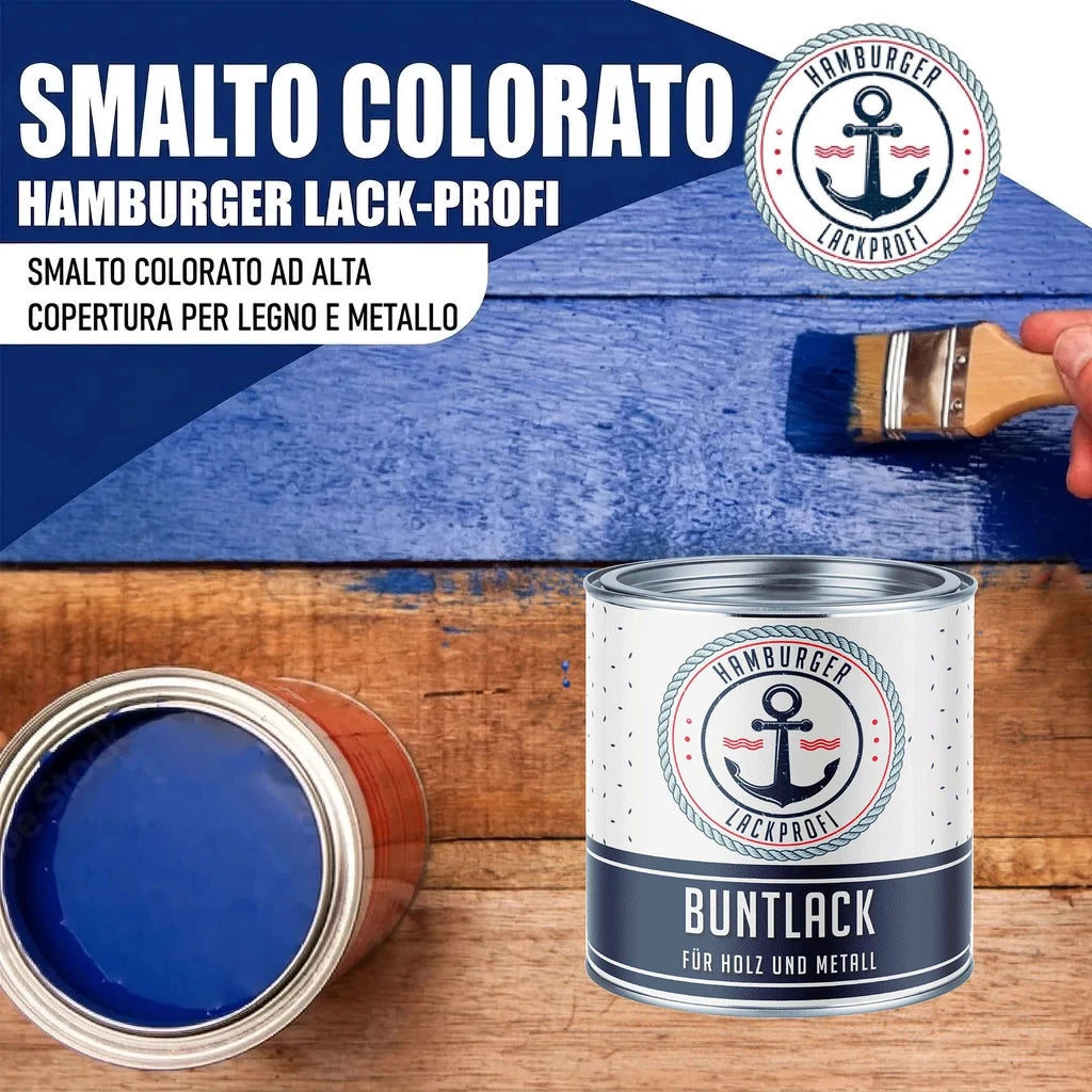 Smalto colorato "Hamburger Lack-Profi" blu per legno e metallo. Lattina con etichetta "Buntlack für Holz und Metall".