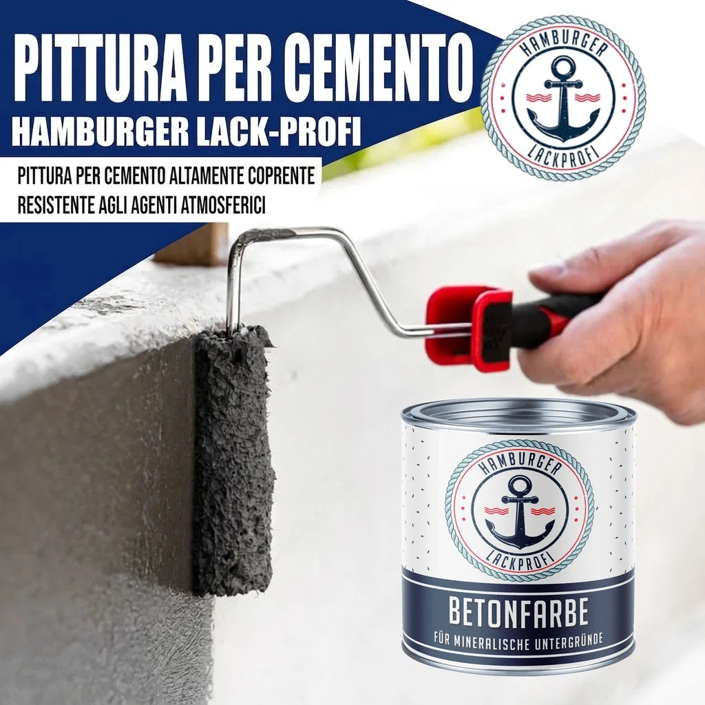 Pittura per cemento Hamburger Lack-Profi. Un rullo applica vernice grigia su un muro, con un barattolo di "BETONFARBE" in pri