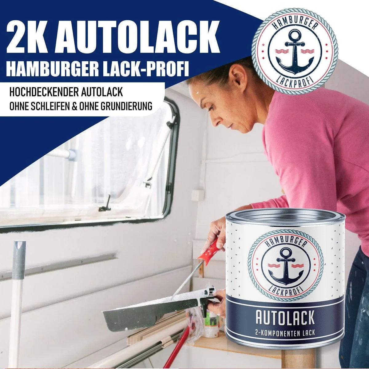 Vernice bicomponente per carrozzeria in set completo per verniciare auto / caravan incluso rullo & diluente - Hamburger Lack-Profi