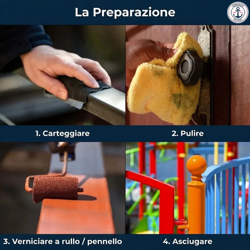 Guida alla verniciatura: levigatura, pulizia, pittura e asciugatura delle superfici.