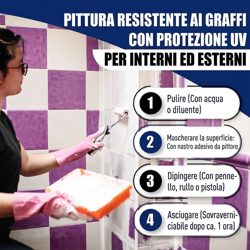 Donna vernicia piastrelle, istruzioni vernice antigraffio UV per interni/esterni: pulire, mascherare, dipingere, asciugare.
