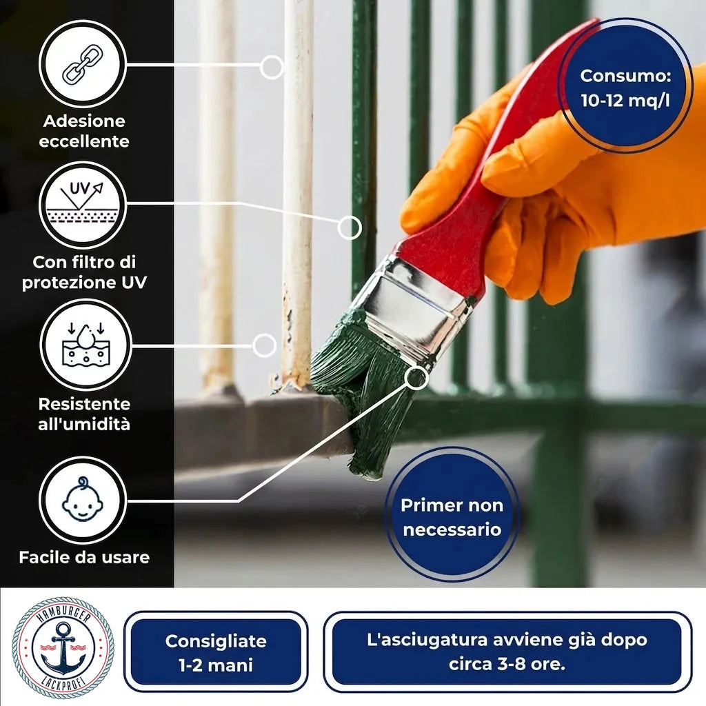 Dettagli vernice verde per metallo: alta adesione, protezione UV, resistente umidità, senza primer, asciuga 3-8h.
