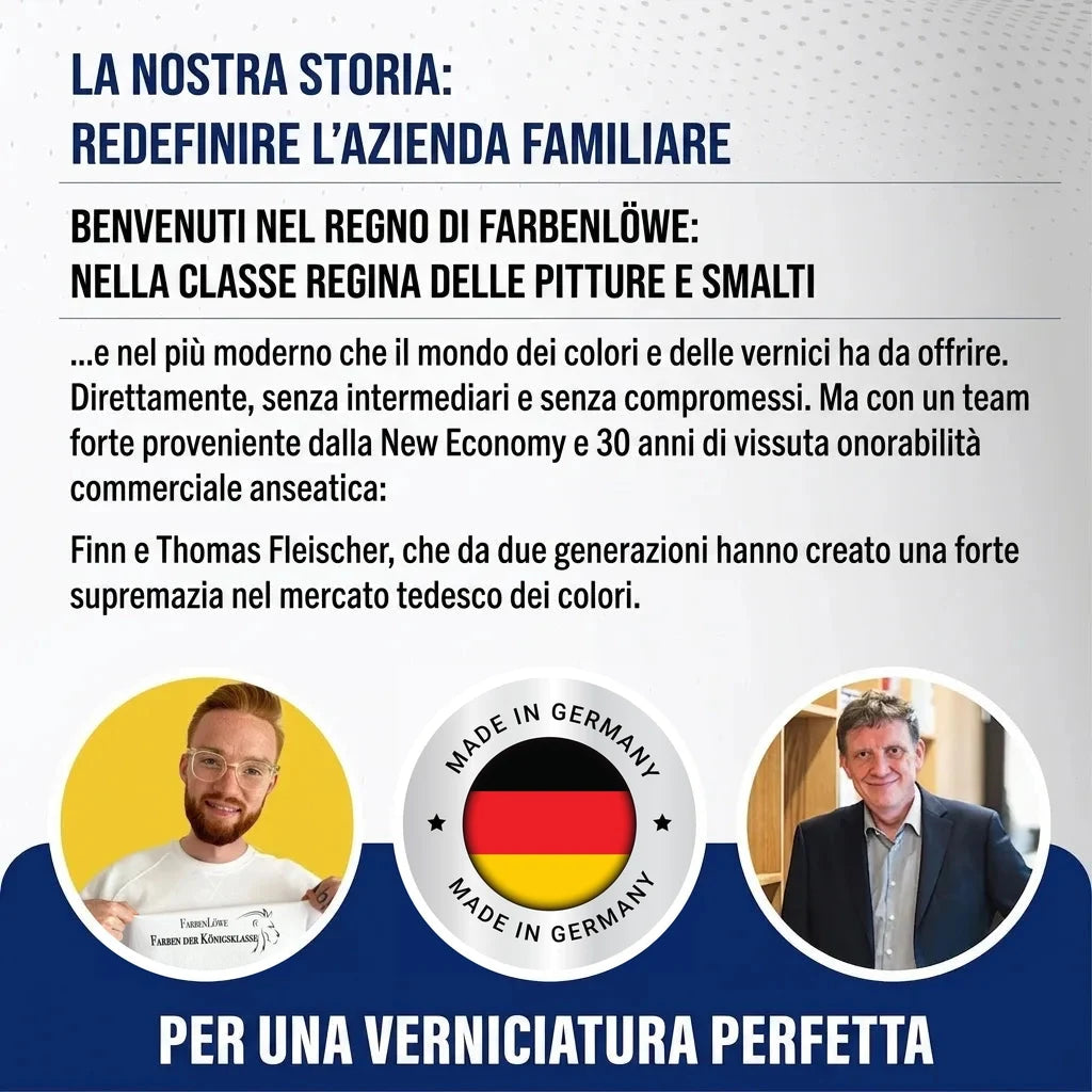 Presentazione di Farbenlöwe, azienda familiare tedesca di vernici e colori, con fondatori e marchio 'Made in Germany'.