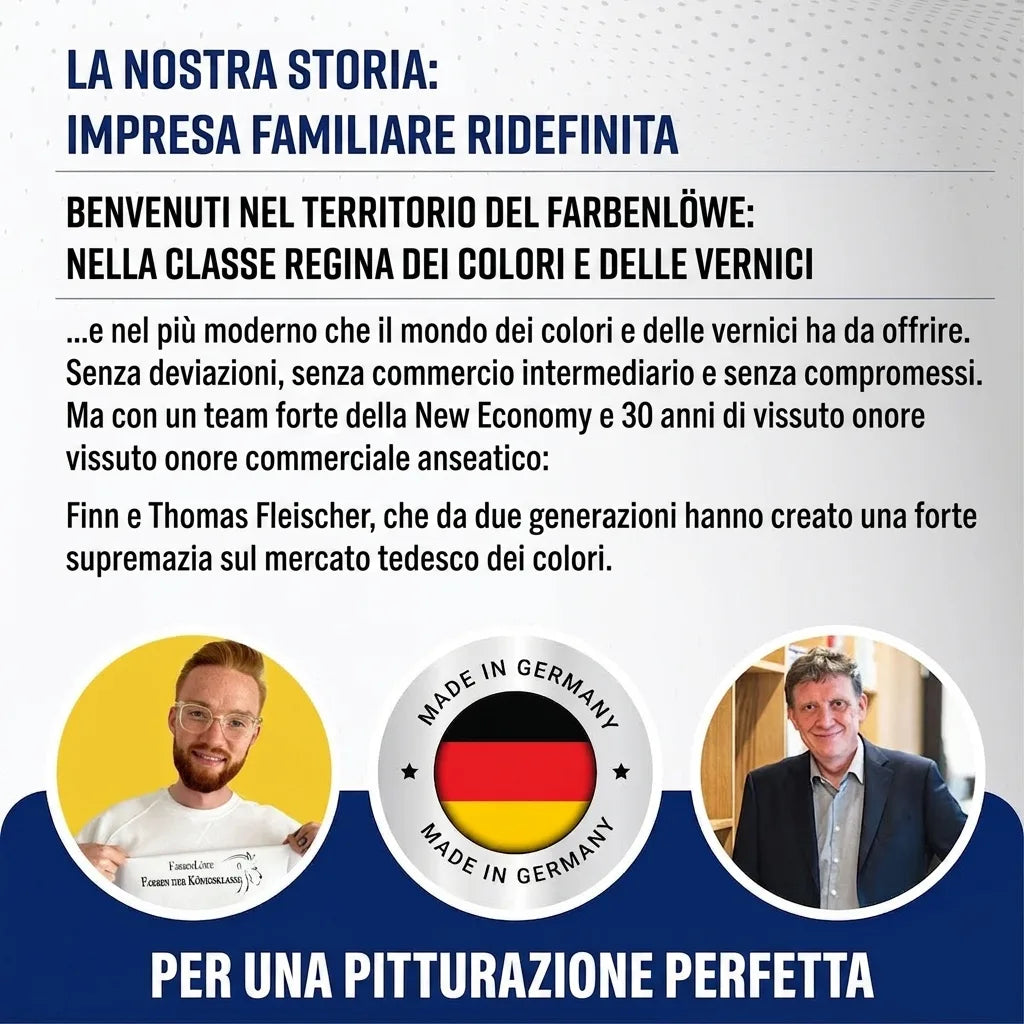 Pagina informativa Farbenlöwe: azienda familiare tedesca di vernici e pitture di alta qualità con i fondatori.