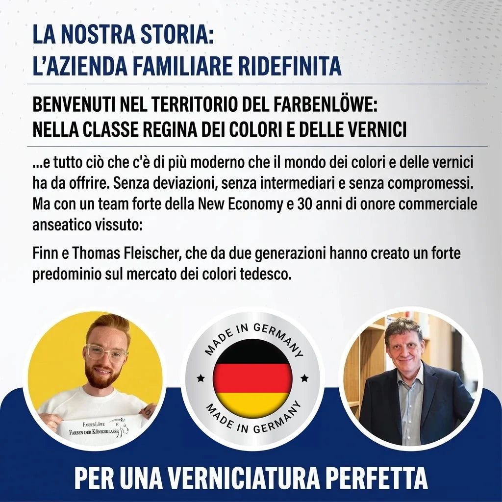 Farbenlöwe: due fondatori, etichetta Made in Germany e testo tedesco su un'azienda familiare di vernici e smalti.